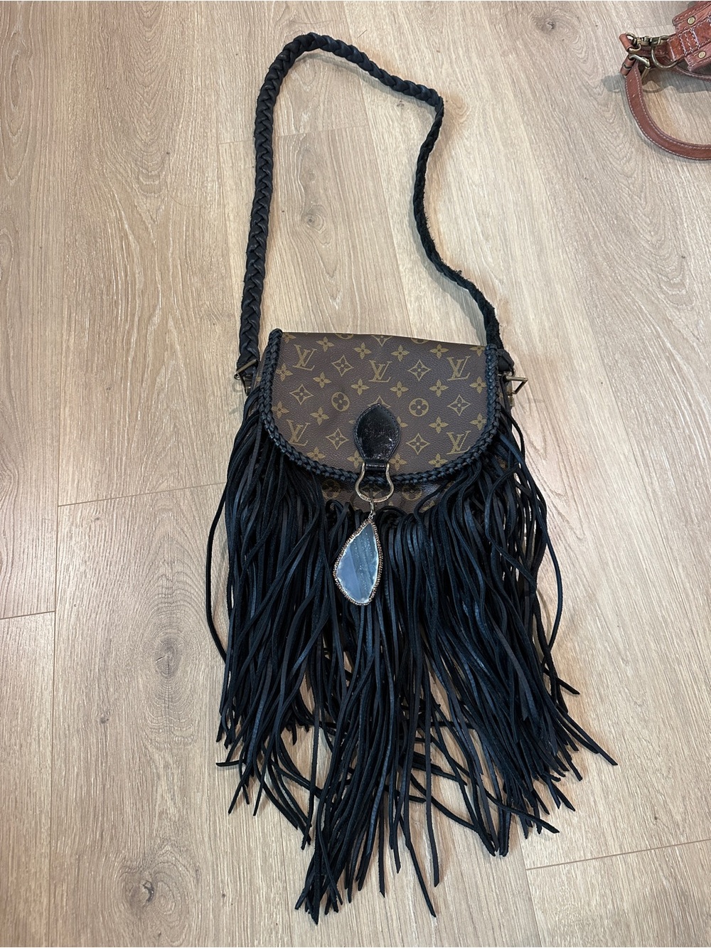 Vintage Boho Monogram Fringe World Traveler Crossbody Bag with Braided Strap